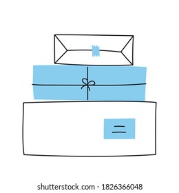 Presents, packages, parcels, or gifts.  Cute blue cartoon boxes illustration on white.