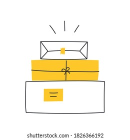 Presents, packages, parcels, or gifts. Delivery shipping concept. Cute cartoon boxes illustration on white.