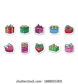 Presents patches set. Different shapes gift boxes badge collection. Custom stickers. Holiday congratulation, surprise concept. Christmas, new year, birthday celebration. Vector emblem