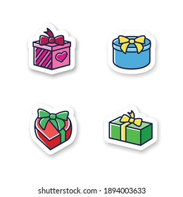 Presenta parches definidos. Colección de etiquetas de cuadros de regalo de diferentes formas. Etiquetas personalizadas. Felicitaciones de vacaciones, concepto sorpresa. Navidad, año nuevo, celebración de cumpleaños. emblema del vector