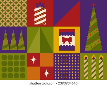 Presents with ribbon bows and pine trees, burning candles and shining star, Xmas and new year holiday decoration design. Seamless pattern, background print or wallpaper. Vector in flat style