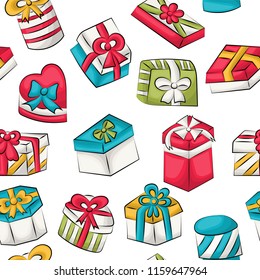 Presents seamless pattern. Repeat background for a wall paper, cover, wrapping, scrapbook. Vector illustration.