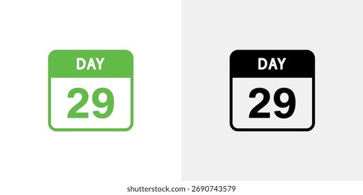Presenta un conjunto de iconos de calendario, mostrando el día 29. Uno en verde vibrante, otro en negro, cada uno con números claros contra blanco. Diseño estético limpio y moderno.