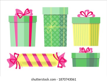 Presents Set, Five Bright Presents Wrapping in Paper with Ribbons. Yellow, Green and Pink Color Vector Illustrations.