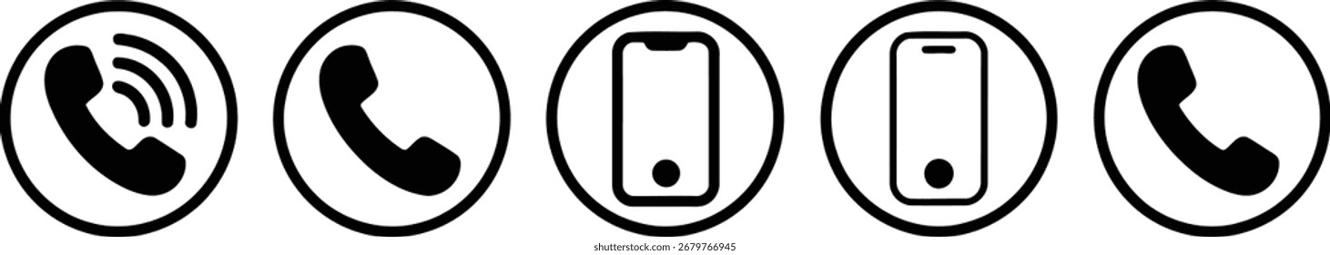 Apresenta um conjunto de cinco ícones distintos de chamadas e smartphones em uma ilustração limpa e com base em vetor. Cada símbolo apresenta um contorno preto em negrito sobre um fundo transparente.