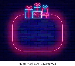 Presenta un cartel de neón apilado. Cajas de regalo con arcos. Concepto ganador. Feliz Navidad y Feliz Año Nuevo. Publicidad de cumpleaños. Volante brillante. Editando texto. Copiar espacio. Ilustración de material vectorial