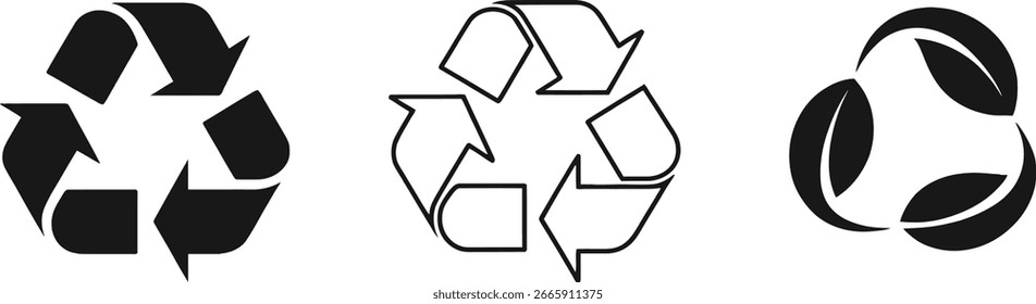 Stellt drei verschiedene Pfeile auf transparentem Hintergrund dar, die umweltfreundliche Verfahren und Kreislaufwirtschaftskonzepte in einfachen, grafischen Designs darstellen.