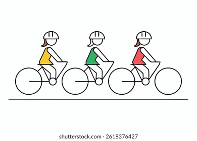 Presents three minimalist cyclists with color tops and helmets riding line art bikes, set against a clean white background with a simple ground line.