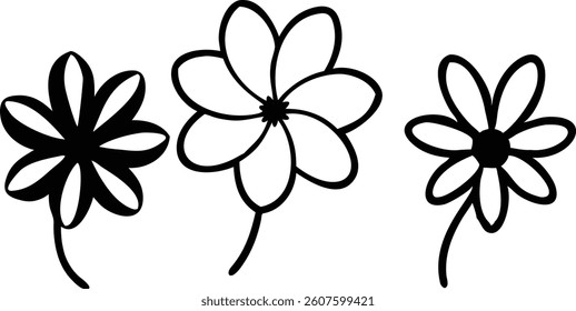 Presents three unique flower illustrations, showcasing simple black lines against white. Petal shapes vary, providing distinctive botanical details in line art form.