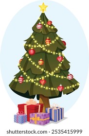 Presents Under Christmas Tree Decorated with Baubles, Fairy Lights and Gold Star as Tree Topper. Christmas Graphic Vector Art 