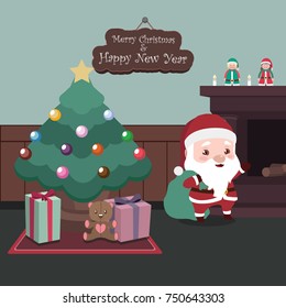Presents under a Christmas tree with Santa beside it