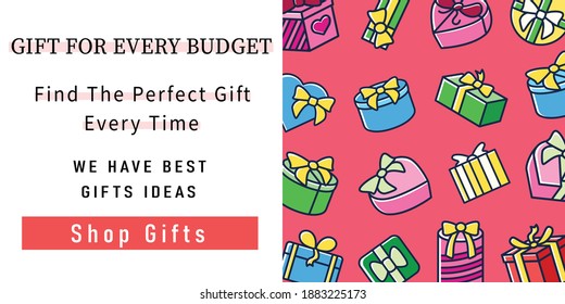 Presents web banner.Gifts shop.Gift for every budget.Find the perfect present every time.We have best ideas. Holiday, event landing,web page layout template.Linear vector illustrations collection