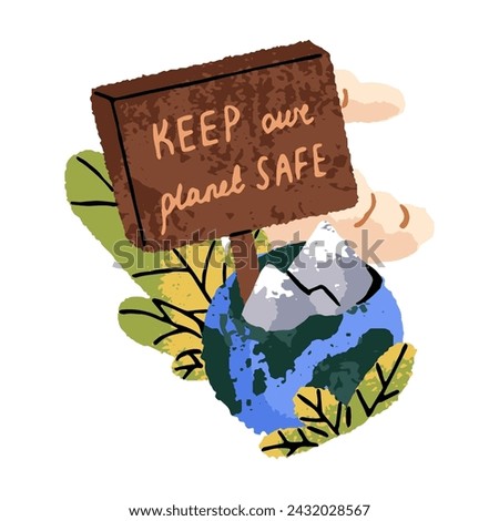 Preservation of eco friendly environment. Sustainable protection of nature, save ecology. Globe with sign of keep planet safe. Earth day concept. Flat isolated drawing vector illustration on white