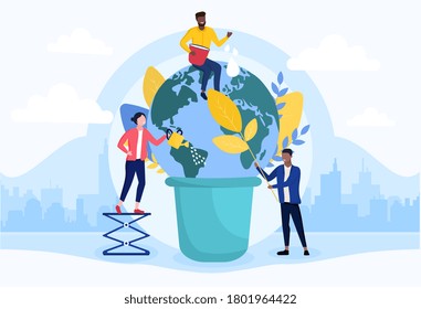 Preservation of the Environment concept with a team of people working hard to save the planet in a tub, colored vector illustration