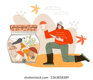 Preservation of mushrooms, mushroom harvesting and harvest preservation banner, flat vector illustration isolated on white background. Woman in forest picking edible fungus and jar of canned food.