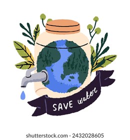 Preservation of ocean. Save ecology of globe. Environment protection, conservation of aqua. Liquid dropping from jar tap. World water day concept. Flat isolated drawing vector illustration on white