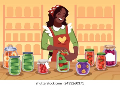 Preservation process. Woman rolls vegetables, fruits, berries into glass jars, homemade pickles, long term storage food, cooking jam at home, cartoon flat isolated tidy vector concept