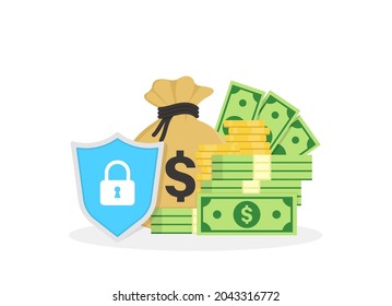 The preservation and protection of money. Сoncept of money insurance for web page, banner, presentation, social media, documents, cards, posters. Safe cash investments. Vector