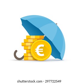 Preservation and protection of money. A stack of euro coins under a blue umbrella