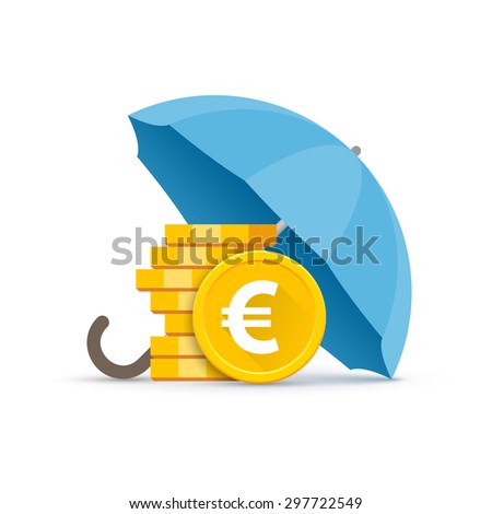 Preservation and protection of money. A stack of euro coins under a blue umbrella