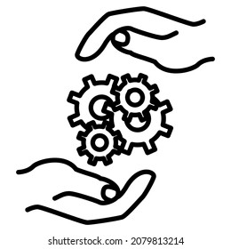 Preservation of the secret mechanism. Protecting the machine from damage. Two palms around the gears. Transfer of spare parts. Vector icon, outline, isolated. Editable stroke.