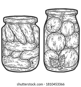 Preservation, set. Two jars of cucumbers and tomatoes. Sketch scratch board imitation.