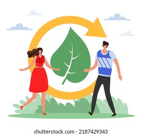 Preservation sustainable green forest environment. Circulation of resources, waste recycling, man and woman with leaf and recycle sign, eco friendly people vector cartoon flat concept