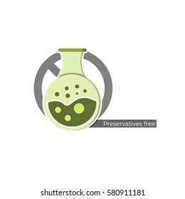 Preservatives free food or cosmetics label. Vector illustration in flat design and eco-style colors. Icon of a flask, crossed by "no"-symbol. Also suitable for colorants, flavorings or other chemistry