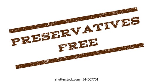 Preservatives Free watermark stamp. Text tag between parallel lines with grunge design style. Rubber seal stamp with dust texture. Vector brown color ink imprint on a white background.