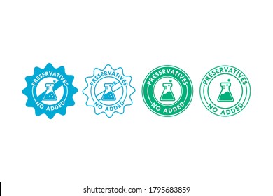 Preservatives logo template illustration. Preservatives no added vector with beaker icon. Preservatives free seal stamp, natural organic food package stamp