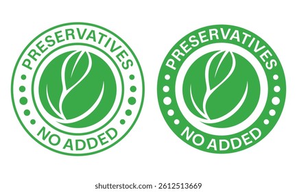 Preservatives no added green organic leaf icon. Preservatives free, natural organic food package stamp vector template