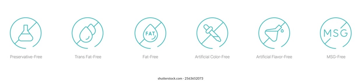 Preservatives-Free, Trans Fat-Free, Fat-Free, Artificial Color-Free, Artificial Flavor-Free, and MSG-Free Vector Icon Set for Clean and Healthy Beverage Labeling