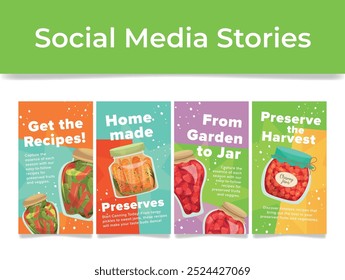 Preserve harvest homemade recipe social media stories design template set isometric vector illustration. Fresh organic vegetables and berries in jar can conservation handmade cooking guide announce