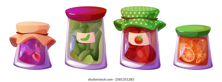 Preserve jars set isolated on white background. Vector cartoon illustration of glass containers with labels, sweet plum jam, orange jelly marmalade, pickled cucumbers and tomatoes, homemade food