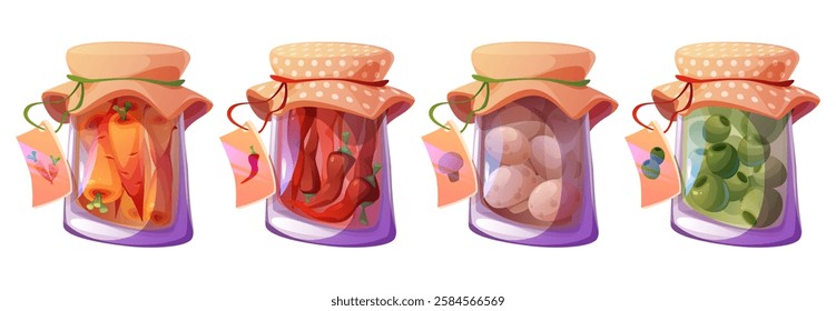 Preserve jars set isolated on white background. Vector cartoon illustration of glass containers with paper labels, salty pickled carrots, chili pepper, mushrooms and olives, natural homemade food