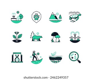 Preserve and protect nature - line design style icons set with editable stroke. National park, protected area, rare plants, inhabitants of the ocean, the world of bacteria, restore the soil layer