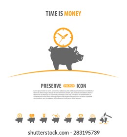 Preserve, Save, Conservation Vector Concept with Icon set in two color such as Piggy Bank, Money, Time may be used for Flyer, Poster, Web Site