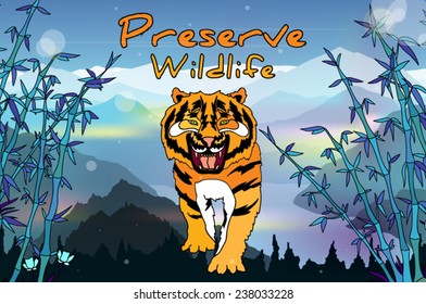 Preserve wildlife poster layout with Asia tiger and bamboo plants on a mountain landscape background vector illustration