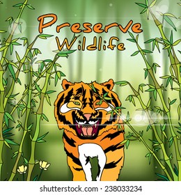 Preserve wildlife poster layout with Asia tiger and bamboo plants vector illustration