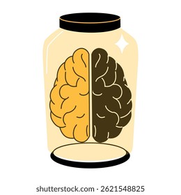 Cerebro conservado en un frasco, ilustración dibujada a mano 