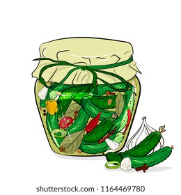 Preserved cucumbers in a glass jar. Hand drawing. Garlic, hot pepper, green, yellow, red, cloves, pepper, bay leaf, tubby. Preserving, homemade food.