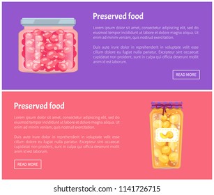 Preserved food banners with fruit or berry in jars. Cherry and peach jam, homemade canned products web pages vector illustrations, button under text.