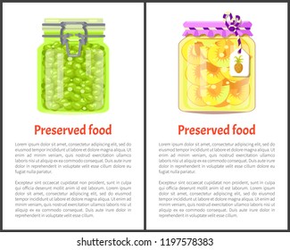 Preserved food banners, fruits and berries. Ripe green grapes, pineapple rings in juice inside glass posters with text templates vector illustrations.