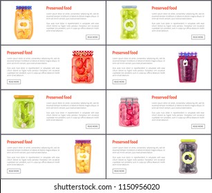 Preserved food banners set of fruits and vegetables. Spicy canned products or jam with compote web online pages for conservation vector illustrations.