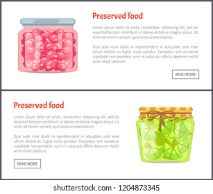 Preserved food banners, sweet cherry and sour lime. Fruits in jars, coserved or canned products for winter web pages with text vector illustrations.