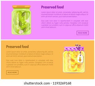 Preserved food banners, vegetable and fruit. Cucumbers with onions, pineapple rings in juice inside jars web page template vector illustrations set.