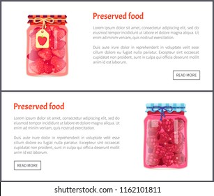 Preserved food fruits posters set with text sample. Jars with strawberries and raspberries jam confiture. Container with ingredient tag on lace vector