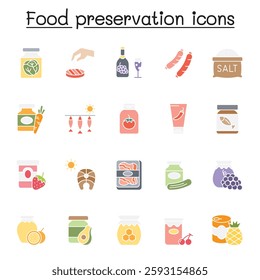 Preserved food icon set in flat color style