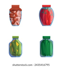 Preserved food icons set cartoon vector. Glass jar with preserved product. Food concept