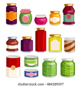 Preserved food in jars and cans icons set. Jam spread soup green pea gherkin in glass and tin containers. Grocery vector illustration.